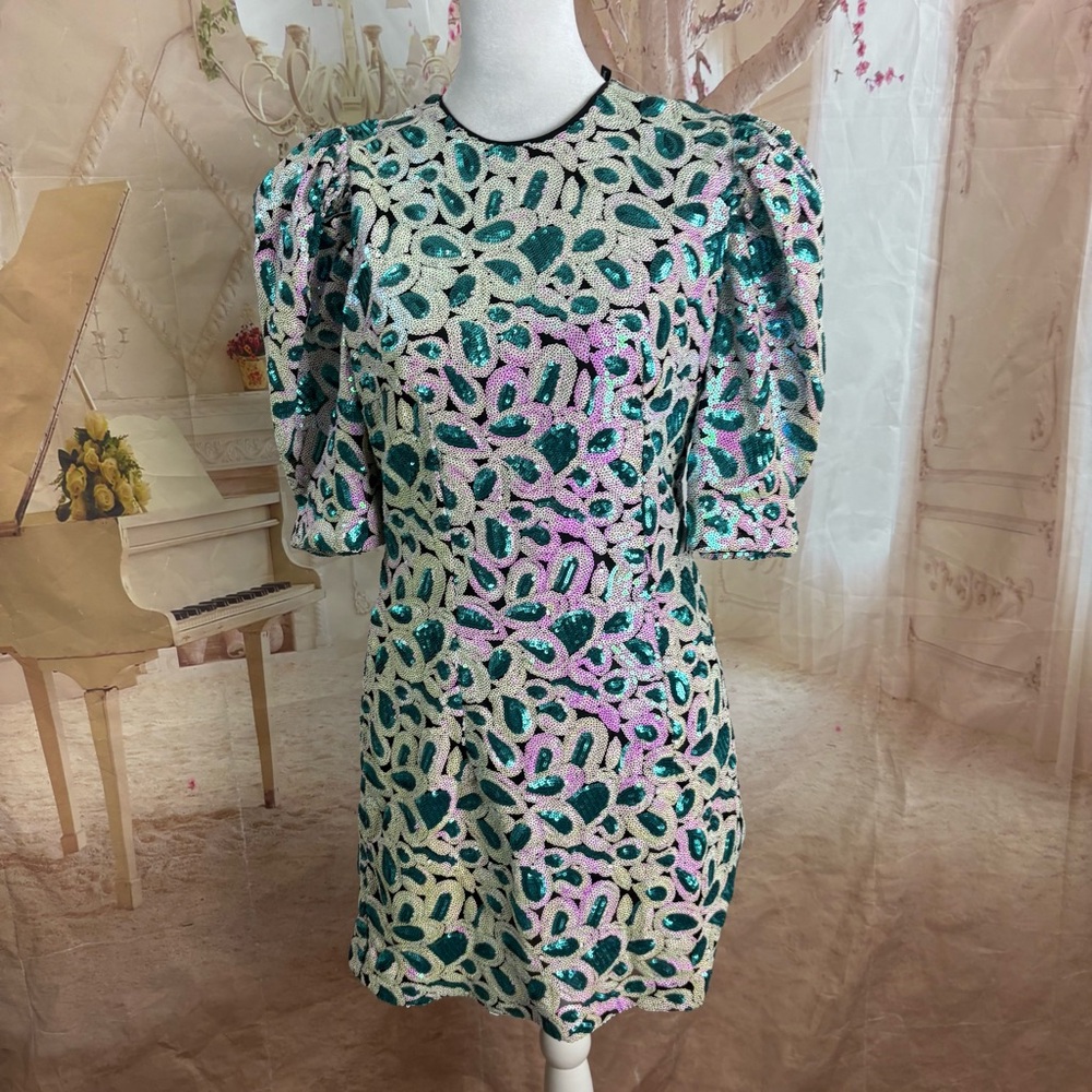 NEW ROTATE Christina Sequin Mini Dress in Orchid Ice Combo - Picture 8 of 13